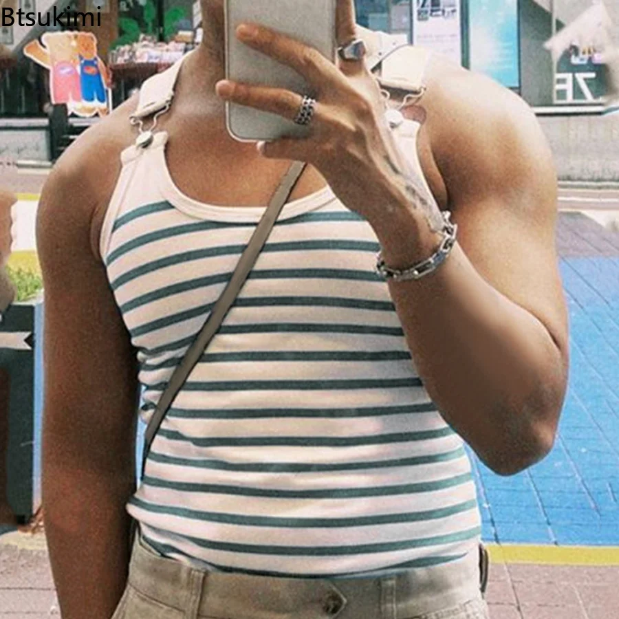 2026 Fashion Street Style Metal Button Straps Vest Men's Summer Sexy Slim Fit Striped Tank Tops Casual Sport Tees Male Camisoles