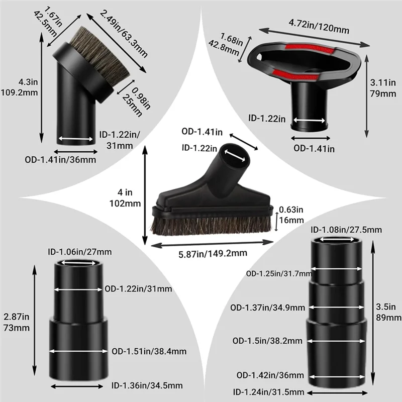 A94E-7Pcs Accesorio y adaptador de cepillo de vacío, cepillo redondo de crin de caballo suave de 1,25 pulgadas, cepillo de suelo al vacío, herramienta de tapicería fácil de usar
