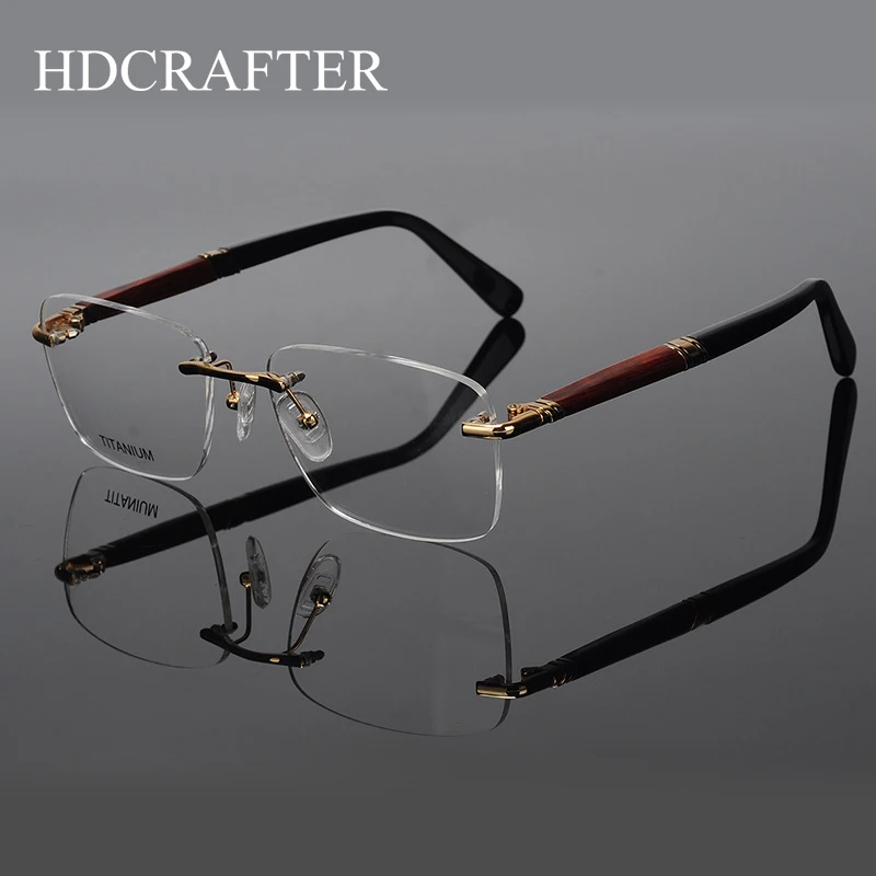 HDCRAFTER Titanium Rimless Glasses Frame Men Wooden Optical Eyeglasses Frame Prescription Myopia Hyperopia Eyewear spectacles