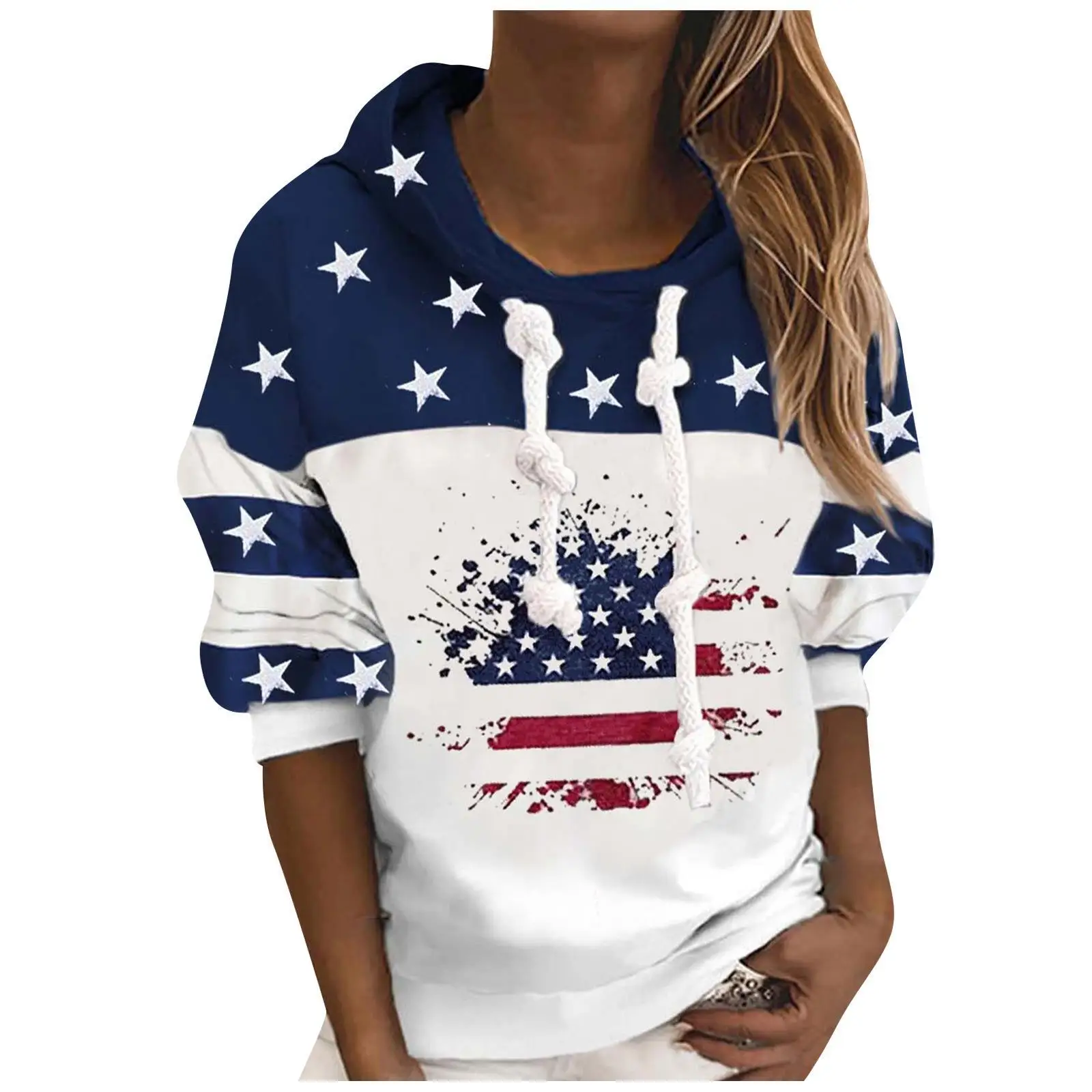 

Autumn Fashion Vintage Hoodies Retro Pullover Top Casual Loose Sweatshirt Winter Warm Hoodie Women Star Flag Print Tops 2023