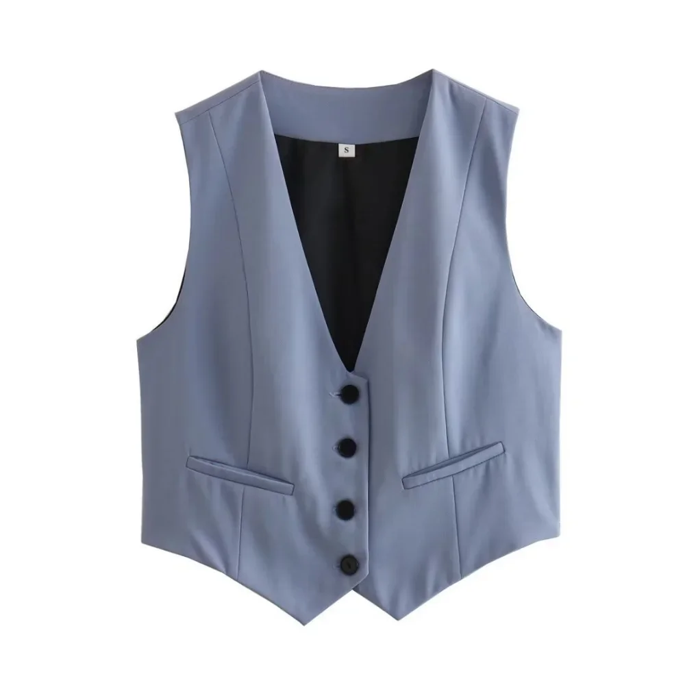 

Spring Women Solid Casual Waistcoat Single Breasted V Neck Slim Cropped Vest Elegant Female Outerwear Chic Tops korean fashion
