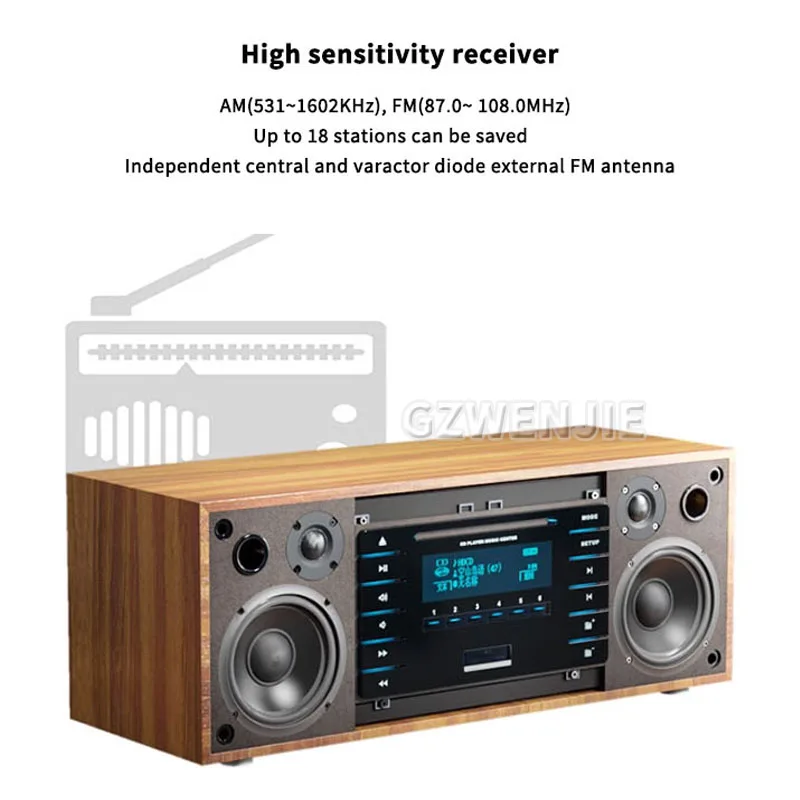 Wooden HIFI CD Player Bluetooth 5.0 Digital Optical Output USB Lossless Playback Wooden CD Music Player AUX Input AM/FM Radio