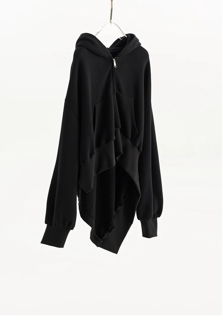 Irregular Sweatshirt~ Black Hooded Sweatshirt Women's Jacket, All-Cotton, Loose Fit, Casual, Slimming, New Autumn Style