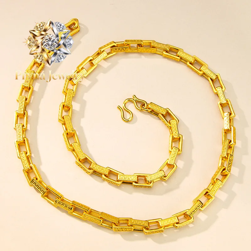 Pryna Jewelry   New Chinese style 24K real gold square Great Wall pattern 9999 men's necklace Chinese style fashion chain jewelr