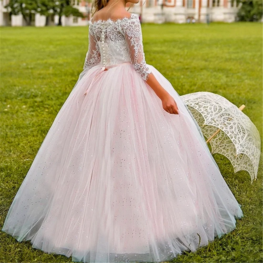 Holy lLong-sleeved Tulle Lace Printing Flower Girl Dress Princess Ball First Communion Dresses Kids Surprise Birthday Present