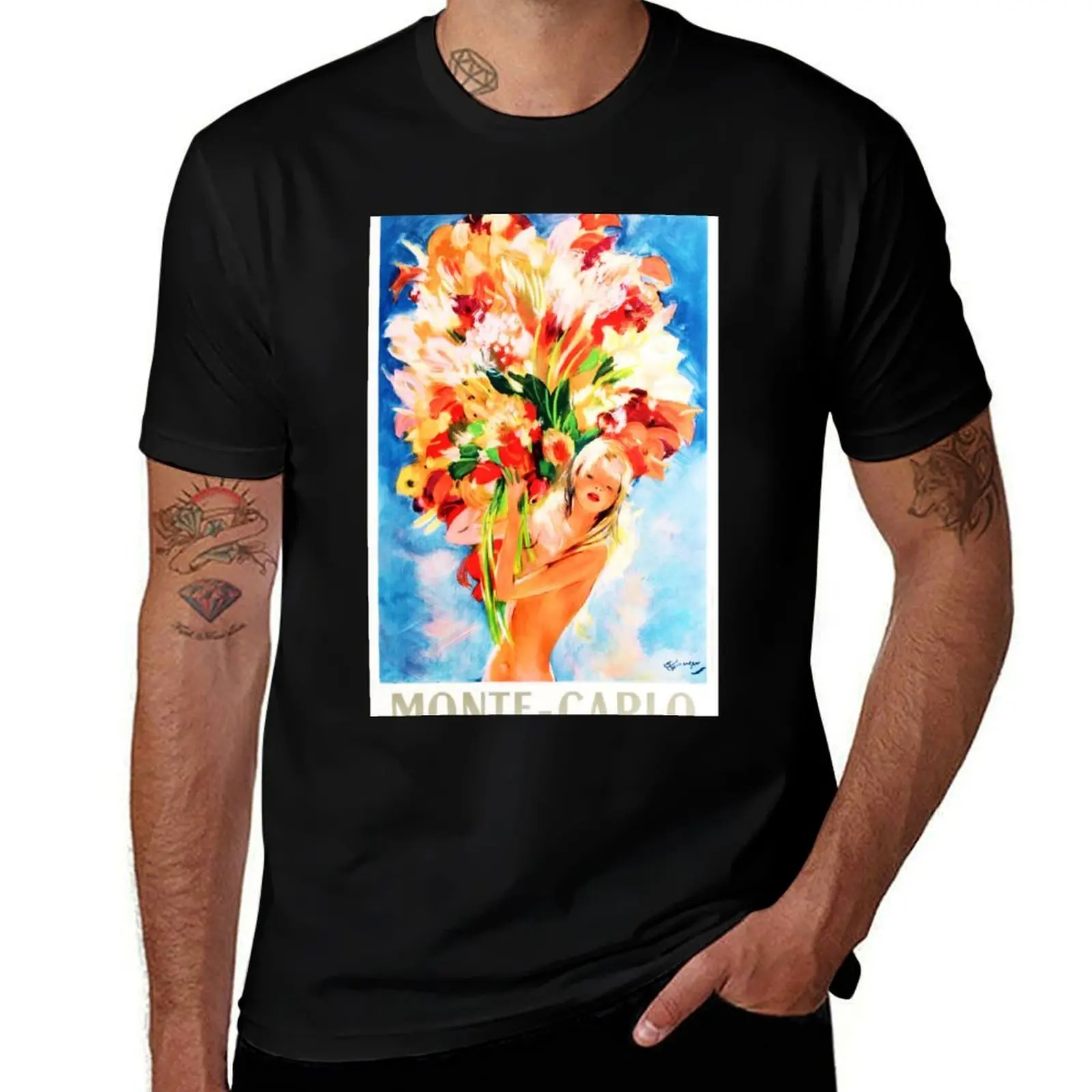 

MONTE CARLO Flower Girl Vintage Poster by Artist Jean-Gabriel Domergue T-Shirt Stylish Graphic Short Sleeve Top