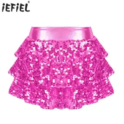 Kids Girls Shiny Sequins Tiered Ruffle Skirted Shorts Metallic Culottes for Latin Jazz Modern Dancing Stage Performance Costume