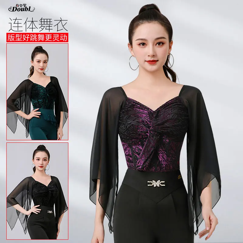 Doubl Latin Dance Practice Dress Chiffon Sleeve High-end Ballroom Dance Blouse Dance Dress Female New Style Of Temperament Wind