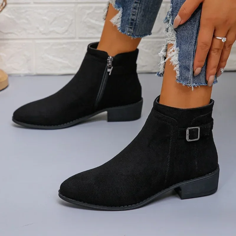 2024 Hot Sale Shoes for Women Side Zip Women\'s Boots Winter Round Toe Suede Solid Short Barrel Low Heels Large Size Naked Boots