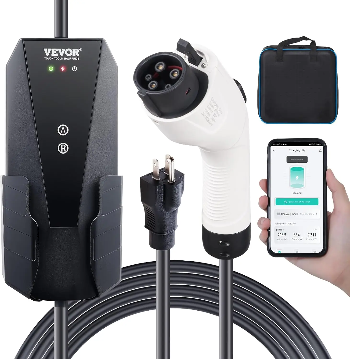 

Level 1 2 Portable EV Charger 16 Amp 120V or 240V Electric Vehicle Charger with 28 Foot Charging Cable NEMA 6 20P Plug NEMA 5