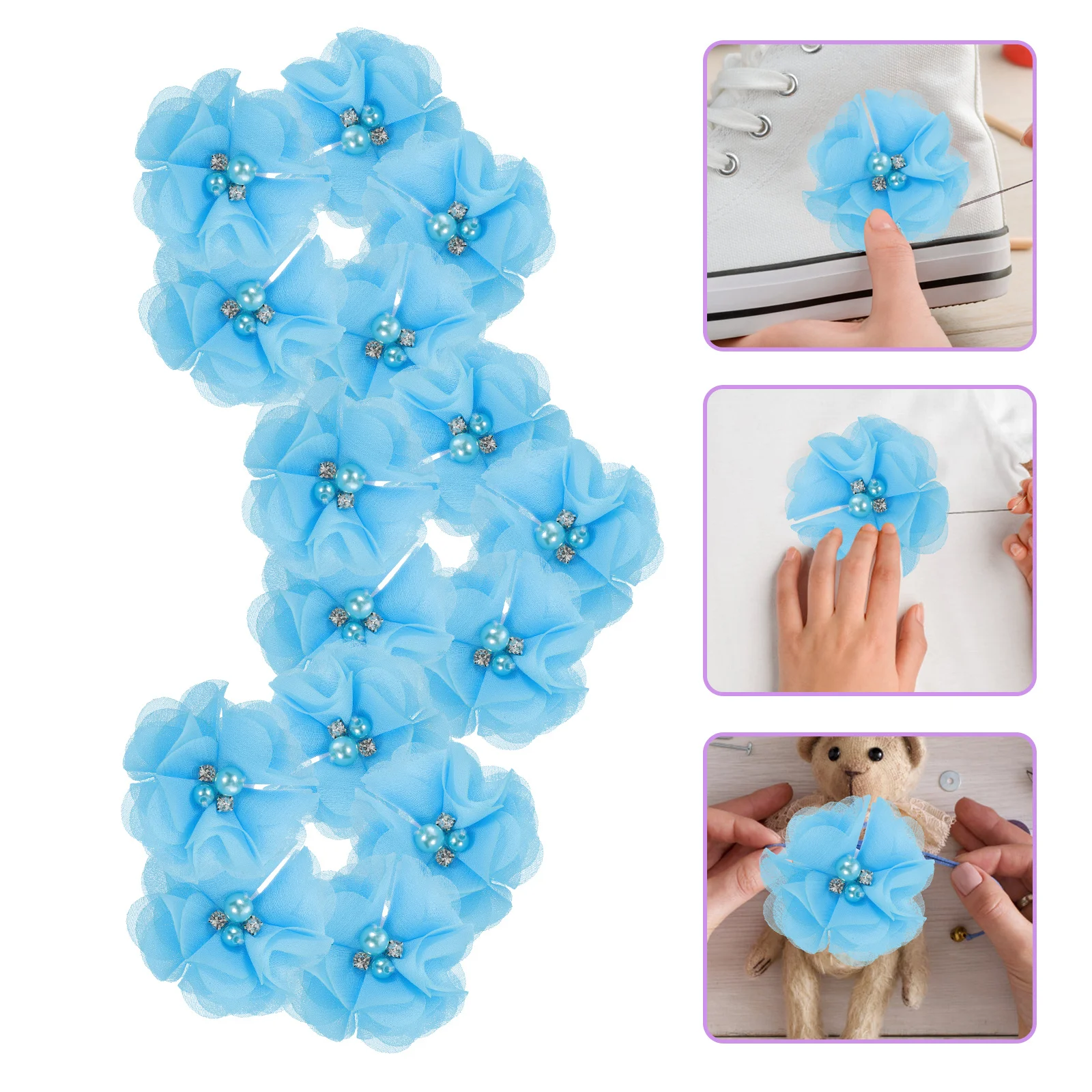 30Pcs Rhinestone Pearl Fabric Flowers Simulated Chiffon Decorative Sewing Accessories for Clothing Dress DIY Hair Accessories