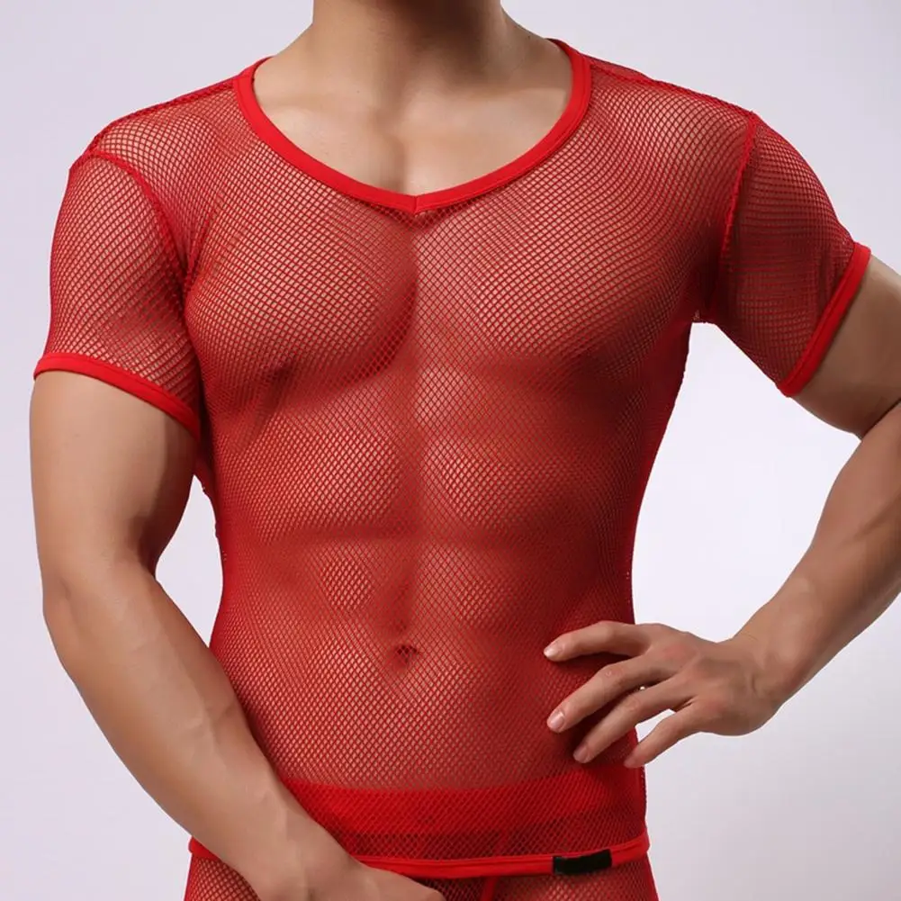 Sexy Purple Perspective Men T-shirt V-Neck Short Sleeve Hollow Mesh Tee Shirt Breathable Casual Style Summer Nylon Men Tee