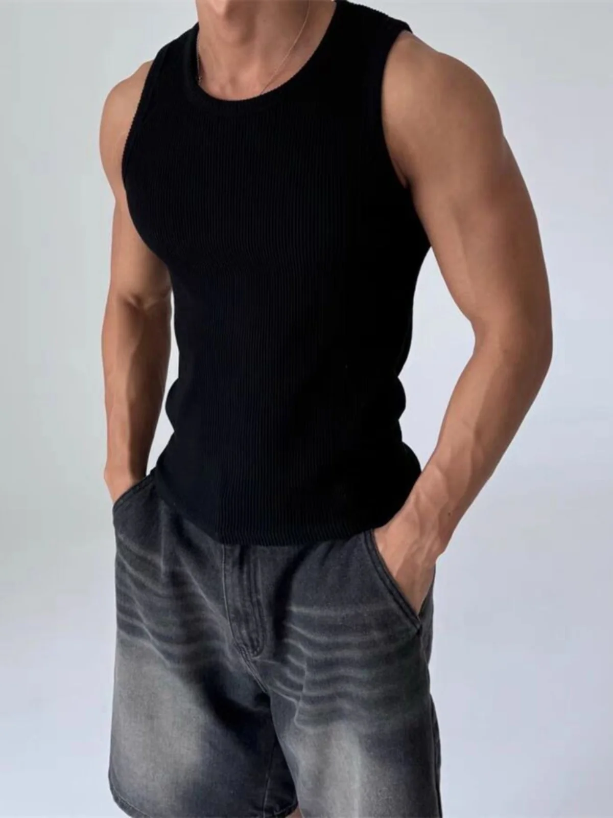 American Style Heavyweight Pure Cotton Ribbed Vest Muscle Men's Hard Body Tight Elastic Sleeveless T-shirt Base Small Shoulde...