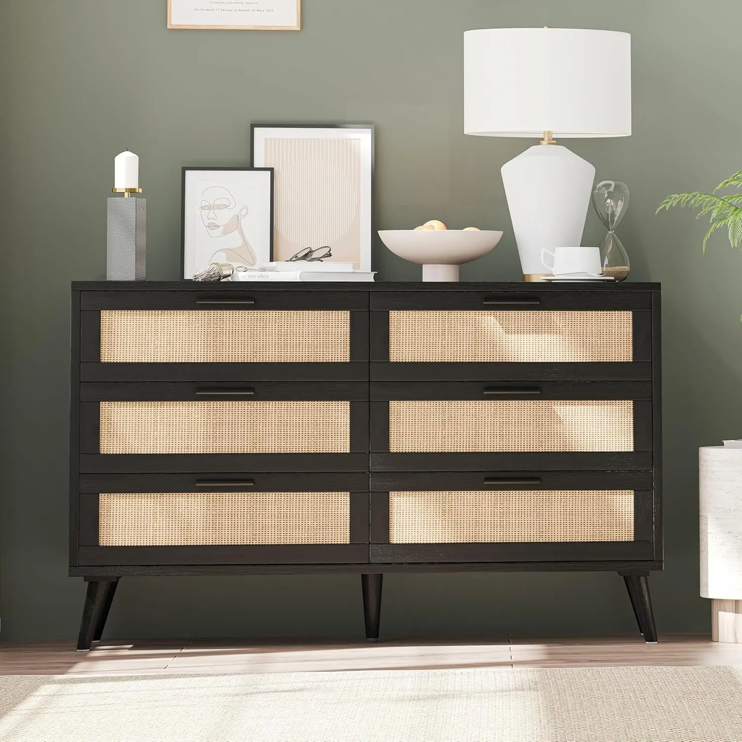

6 Drawer Double Dresser For Bedroom, Rattan Chest Of Dressers, Modern Wooden Dresser Chest With Golden Handles, Beside Table