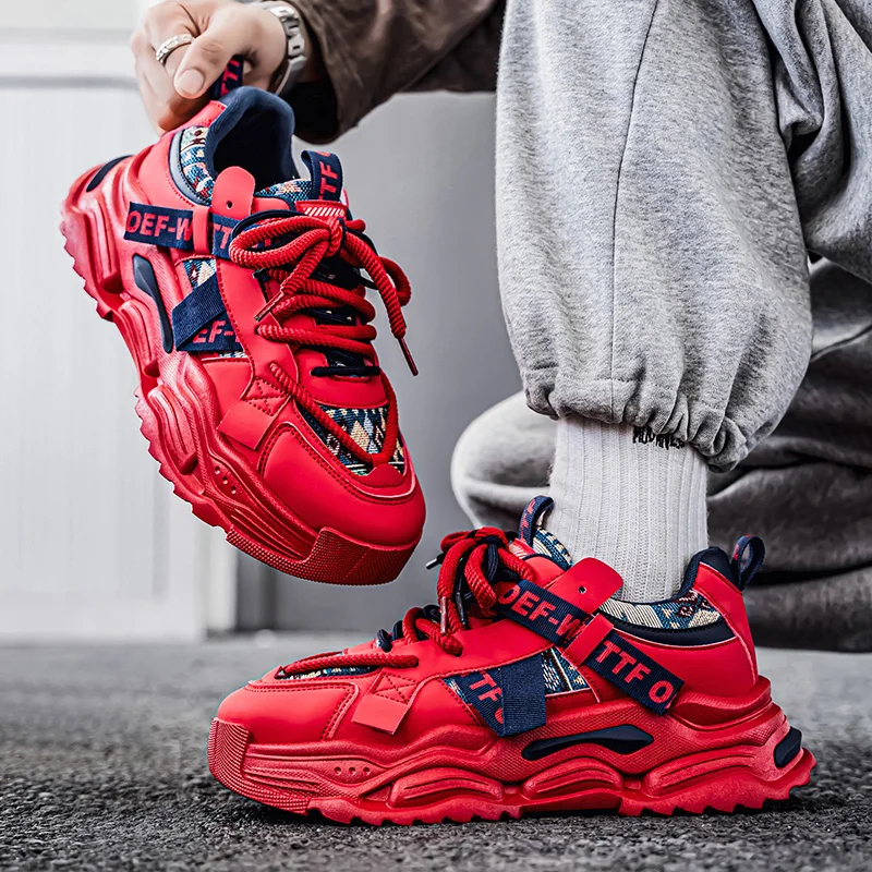 Red Men Casual Shoes Thick Soled Running Shoes Leather Breathable Outdoor Sport Shoes Soft Durable Versatile Male Clunky Sneaker