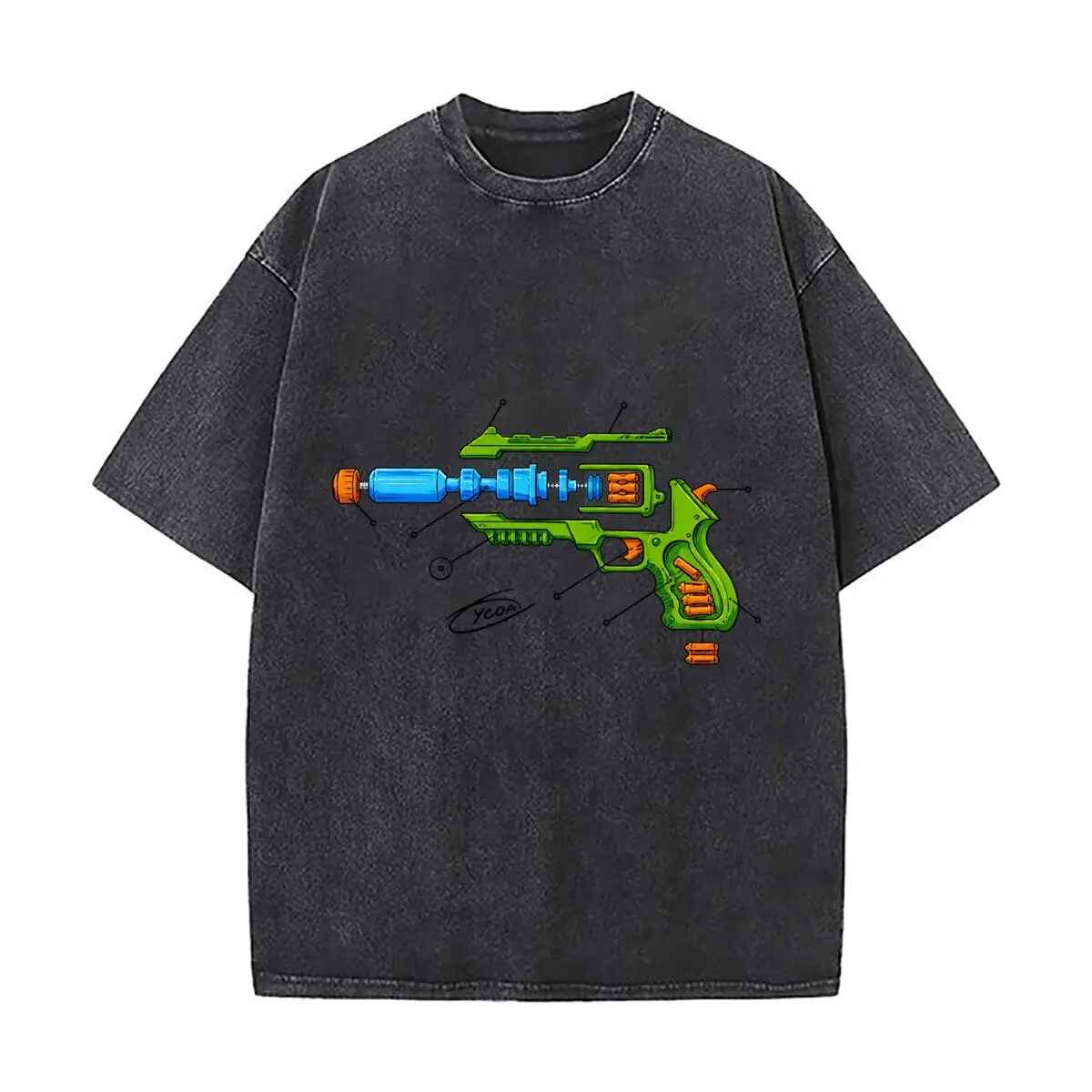 Green Futuristic Gun Exploded View Graphic Distressed Faded Baggy Streetwear Tops for Park Hangouts