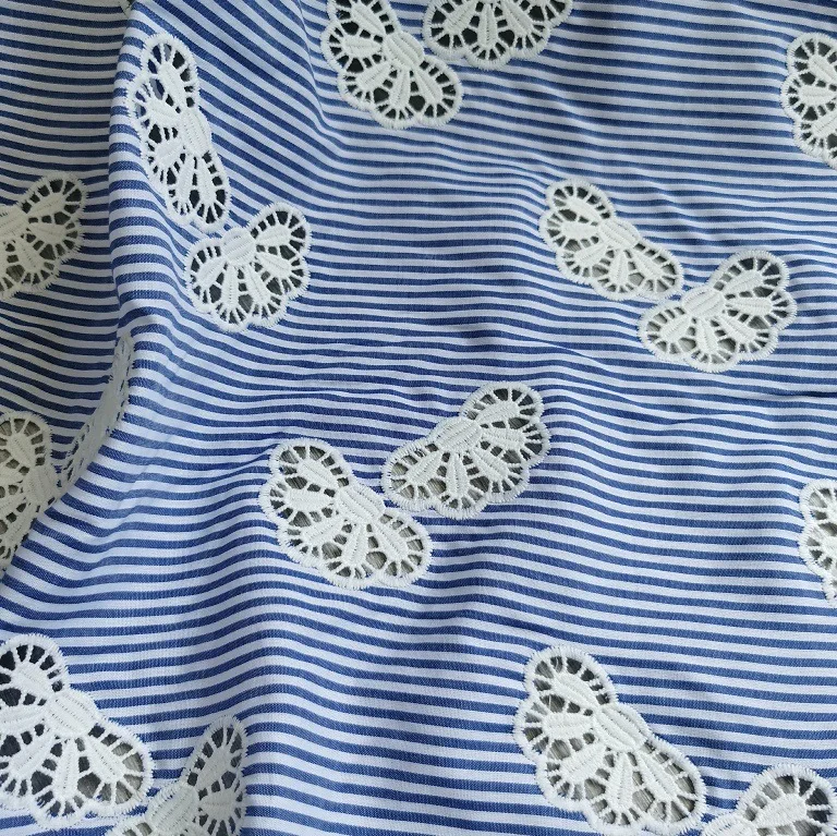 New 100% cotton blue yarn-dyed fabric with laser-cut embroidered butterfly lace embroidery for clothing home decor DIY sewing view 2
