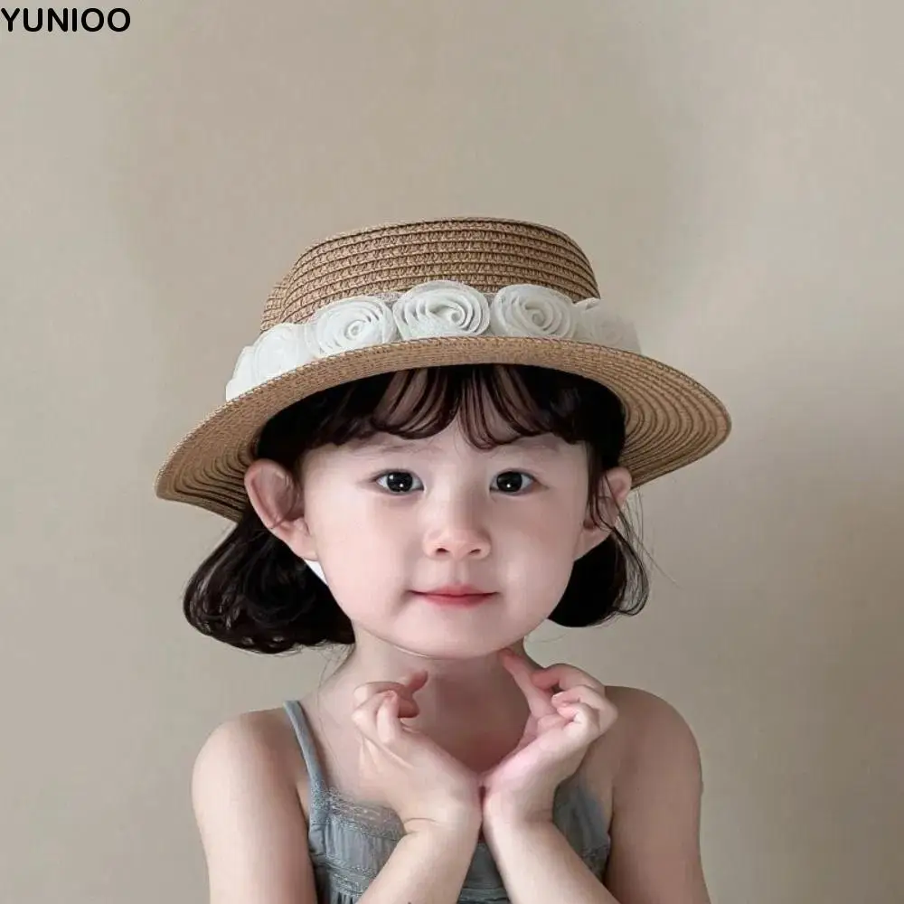 

Trendy Summer Baby Straw Caps French Vacation Flower Lace Straw Hat Travel Beach Children Sun Hat for Girls