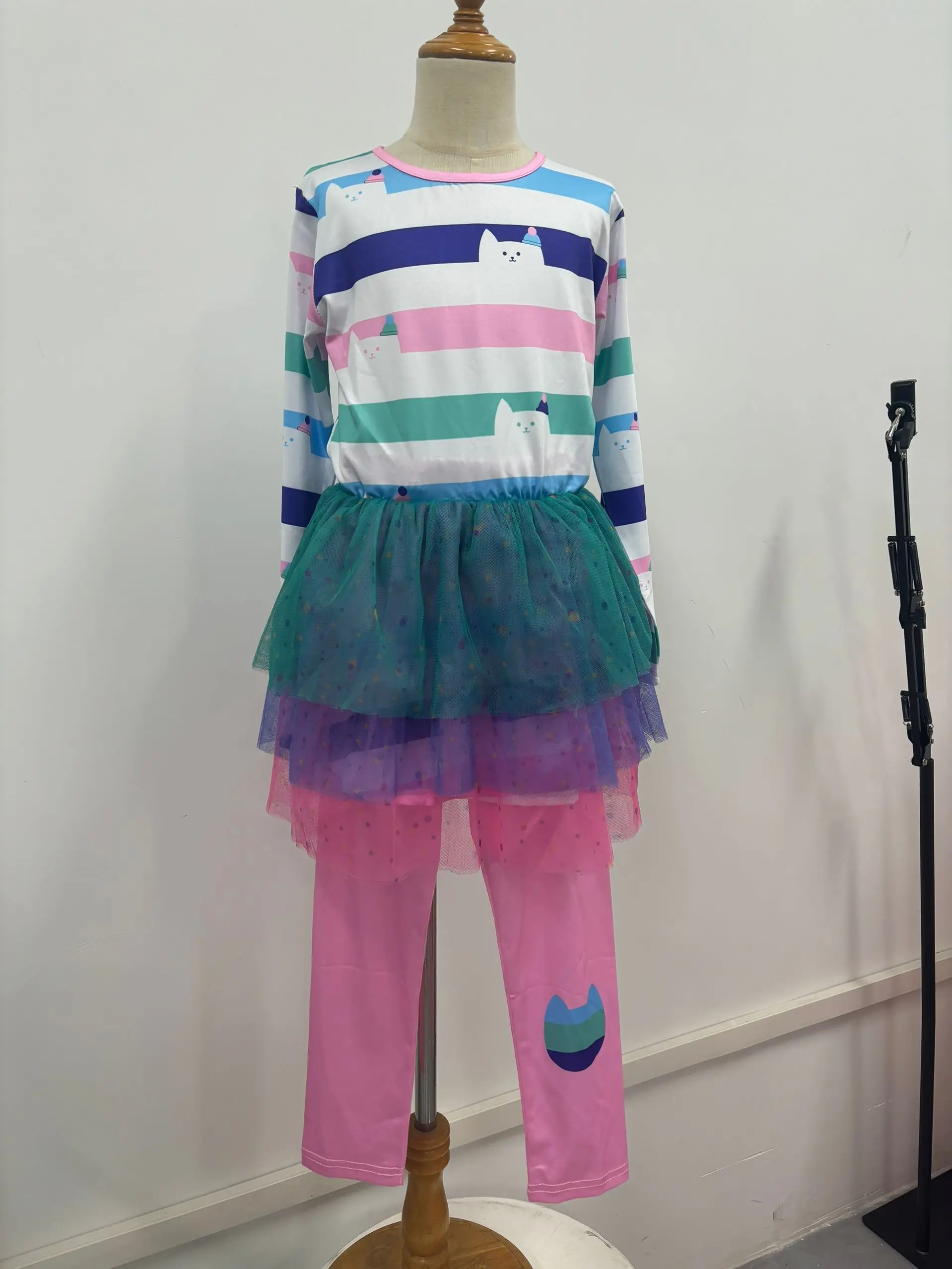 Neue Kinder-Freizeitsets Katzen-Regenbogen-Streifen-Mesh-Tutu-Kleid mit Hose Mädchen-Halloween-Outfit Karneval Geburtstagsparty-Geschenke – Detail 11
