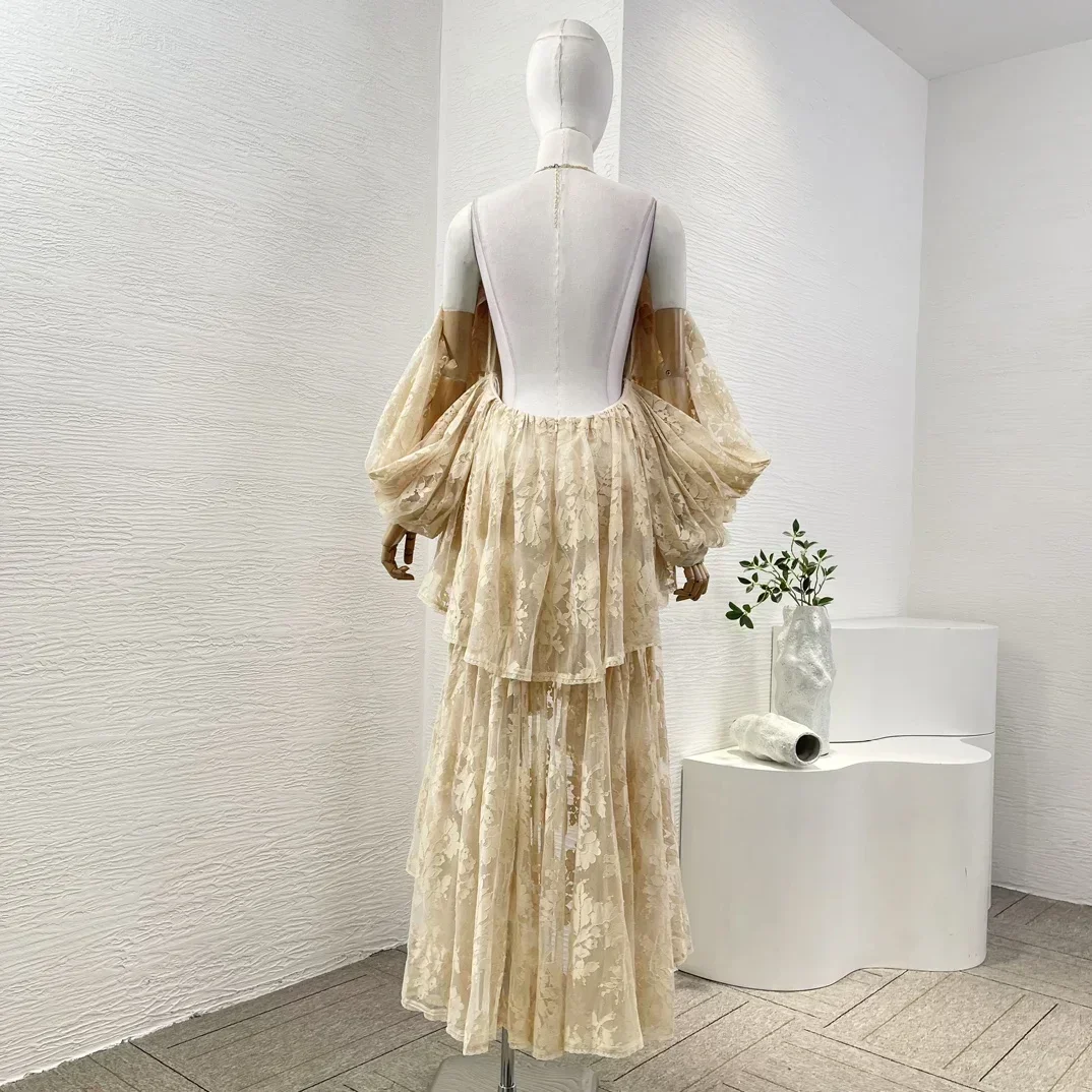 2024 New Beige Lace Patchwork Cut Out Shoulder Irregular Hem Pleat Halter Dress for Women