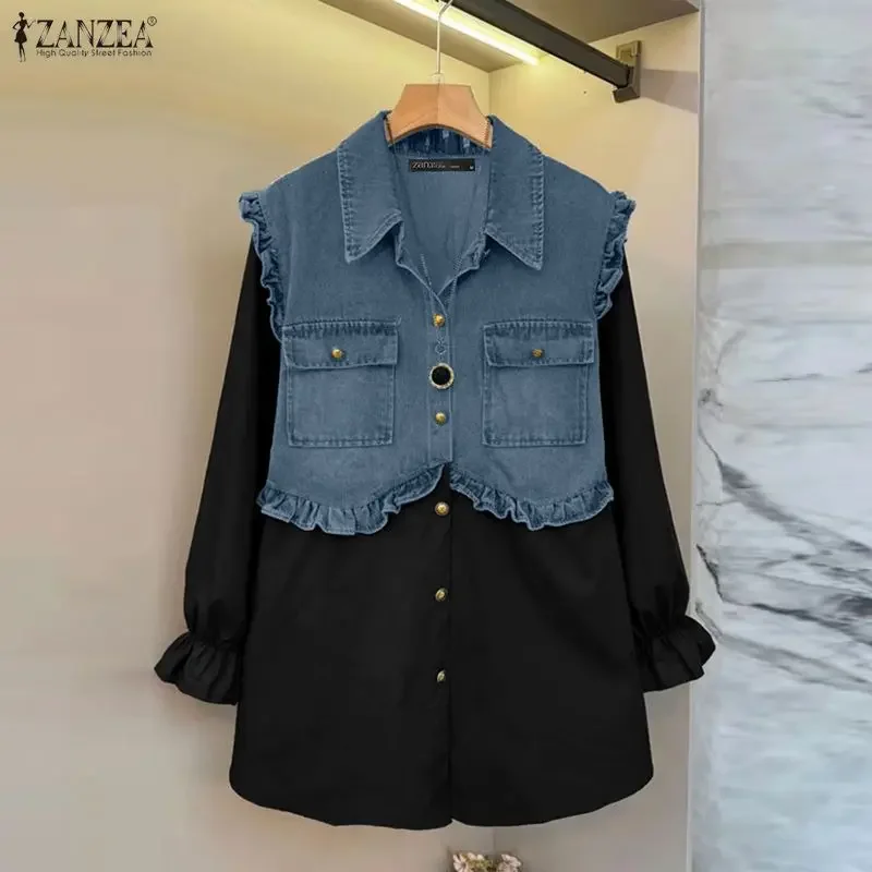 ZANZEA قمصان نسائية عصرية بلوزة أنيقة للمكتب للسيدات للخريف 3/4 كم مرقعة ملابس خروج فضفاضة غير رسمية بلوزات للسيدات