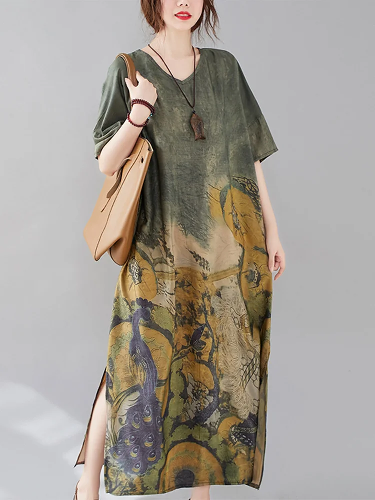 Imprimé fleuri ample été Dr v-ne minceur grande taille vêtements pour femmes coton Long Sve ort Dr pour grande taille