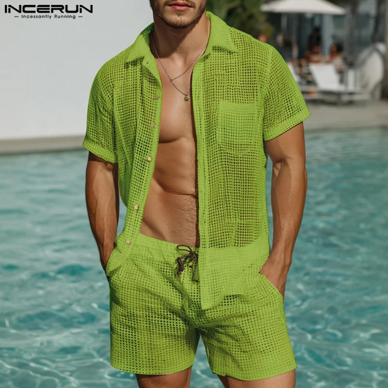 INCERUN 남성용 메쉬 속이 비치는 라펠 반팔 셔츠 & 반바지 투피스 세트 스트릿웨어 섹시 남성 캐주얼 슈트