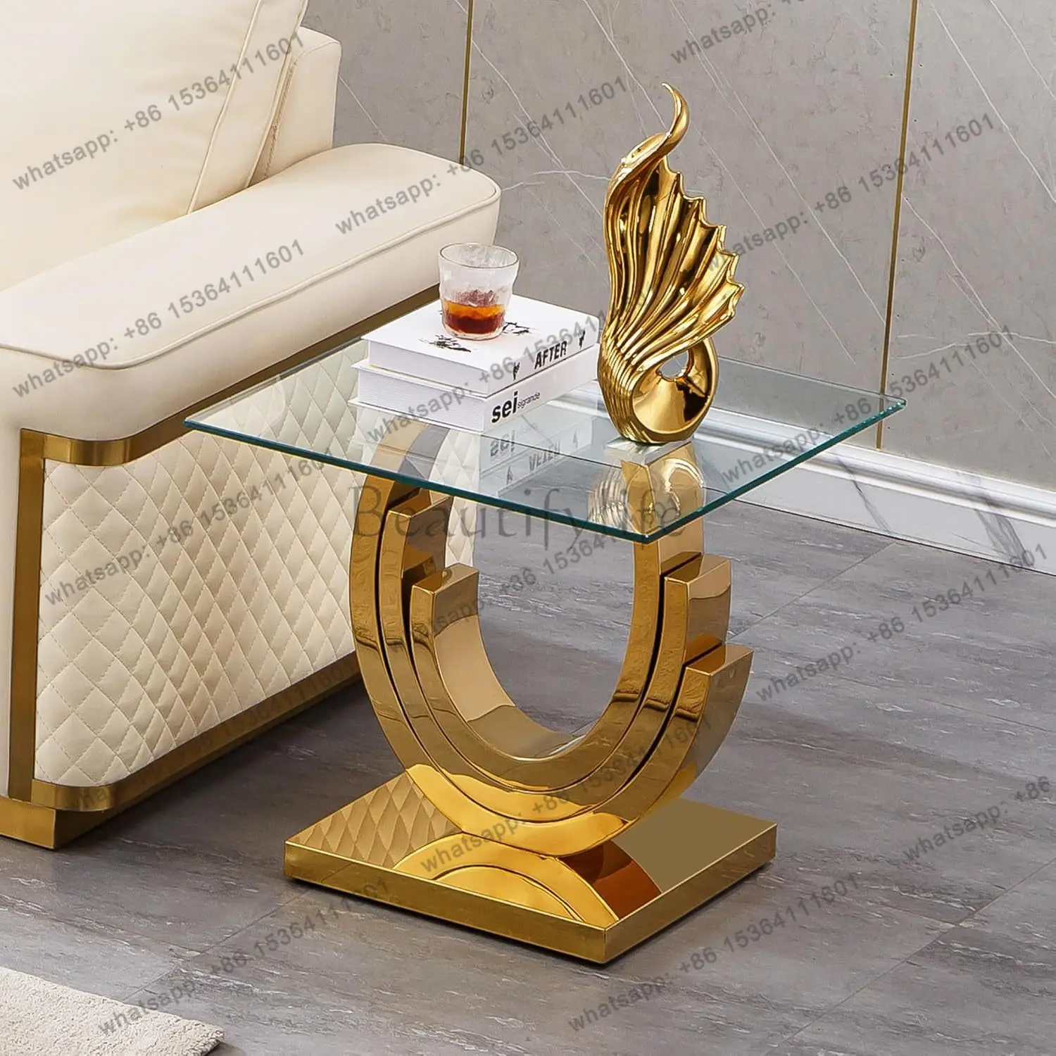 LS light luxury glass square edge few high-end modern living room sprinkle shop coffee stainless steel tea corner