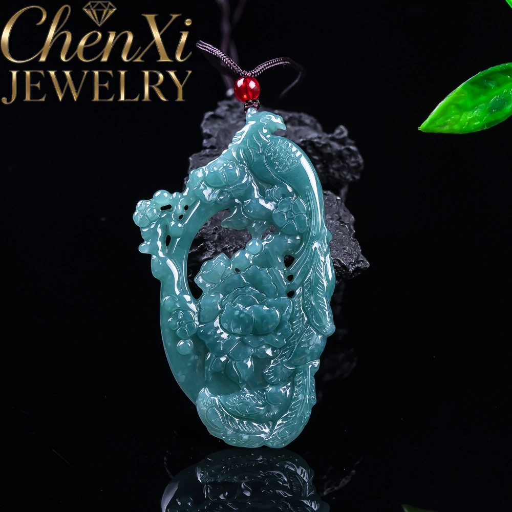 Natural Icy Blue Water Translucent Smooth Jadeite Pendant Hollow Carved Flower Bird Design Elegant Fashion Exquisite Jewelry