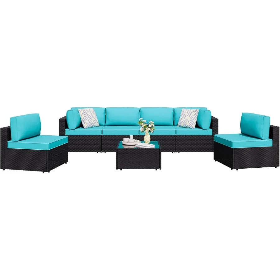 

Shintenchi 7 Pieces Outdoor Patio Sectional Sofa Couch PE Wicker Furniture Conversation Sets with Washable Cushions Glass Coffe