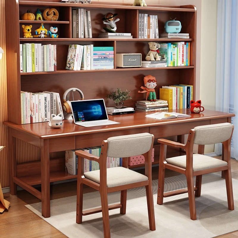 

Solid wood double desk bookshelf integrated children's study table multi-person combination primary school students writing tabl
