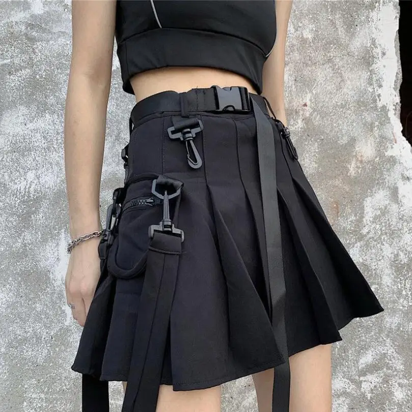 

JK Skirt Japanese Style Black Cargo Pleated Skirt Harajuku Short Skater Women Techwear Gothic Pockets Uniform Skirts p1314