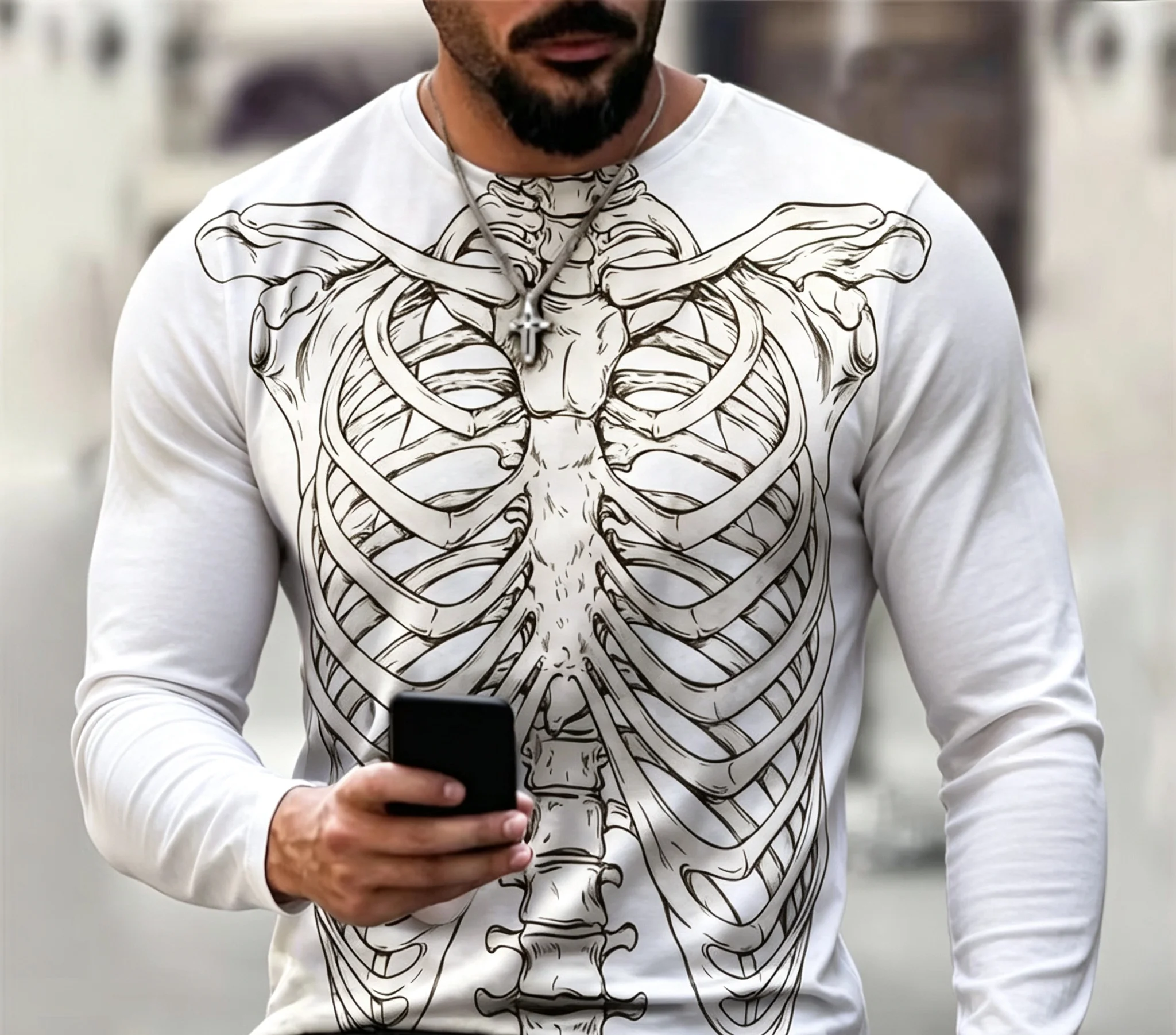 Herren Skelett-Rippenkasten 3D-Druck Rundhals Langarm-T-Shirt, Gothic Totenkopf Grafik Lässige Streetwear Langarm-Oberteile – Detail 7