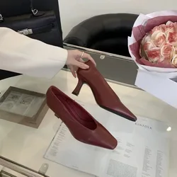 Spring New Thin Heel Single Shoes Women's Square Head Shallow Mouth Slip-on Soft Soles Anti-slip Wear-resistant High Heels