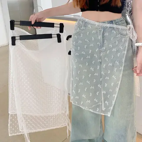 Lace Layered Gauze Skirt with Tie Up Women Vintage Bowknot Print See-Through Lace Strap One Piece Bandage Tulle Dress Curtain