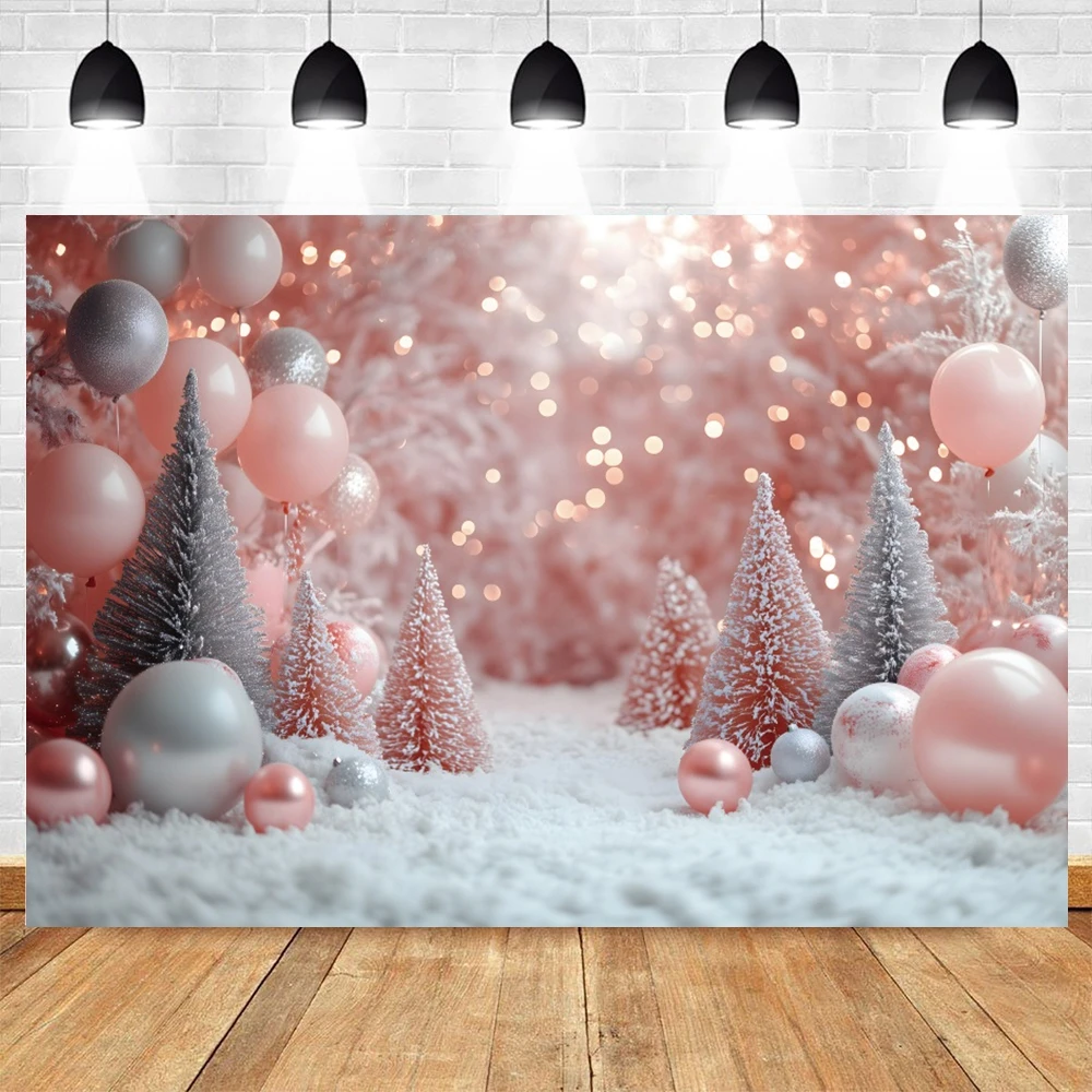 Pink ChristmasTrees Xmas Balls Background Winter Snow Photography Backdrop Kids New Year Home Party Decoration Banner