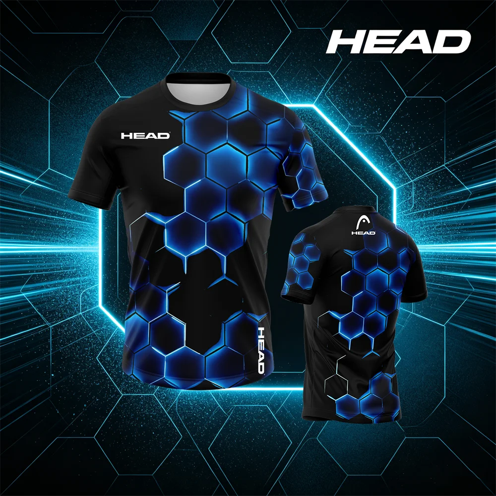 HEAD Men's Tennis T-Shirt Black Blue Honeycomb Hexagon Print Short Sleeve Sports Tee Athletic Training Top