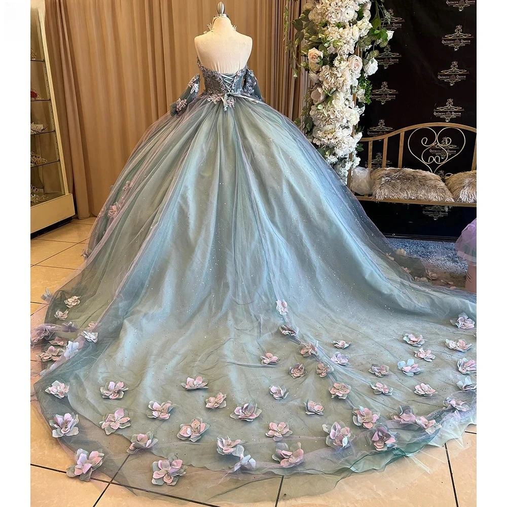 Real Picture Elegant Girl Birthday Party Dresses Off Shoulder Flower Lace Up Ball Gown Women Prom Occasion Dress Quinceanera 16