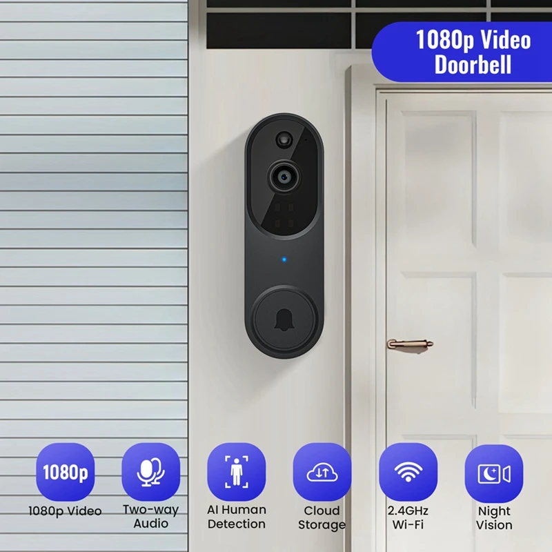 US PLUG,1080P Wireless Video Doorbell Camera,Chime Ringer With Live View,2-Way Audio,2.4G Wifi,Night Vision