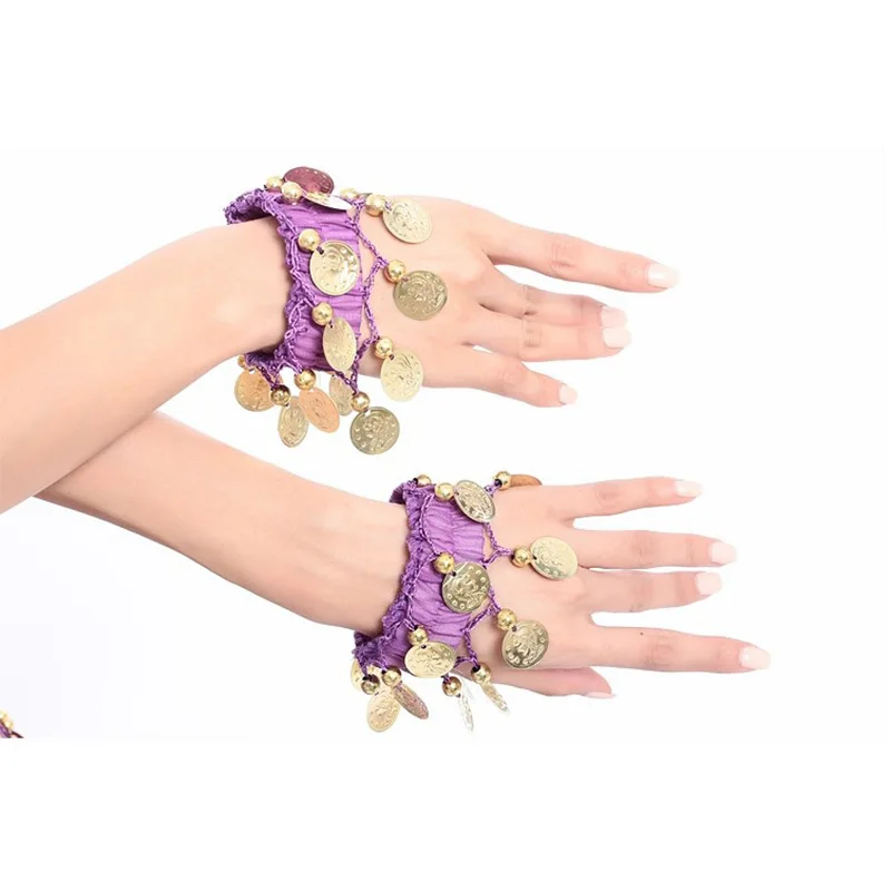 1 paio di braccialetti da polso per danza del ventre, polsini, braccialetti in chiffon, moneta d'oro, accessorio per costume di danza del ventre, braccialetto indiano, prezzo all'ingrosso