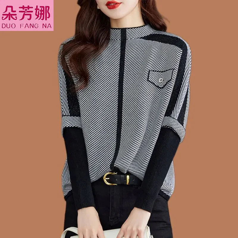 2024 New Chubby Mom Long Sleeved Autumn And Winter Knitted Sweater Top, Stylish Women's Base Shirt, Loose Belly Covering Sweater