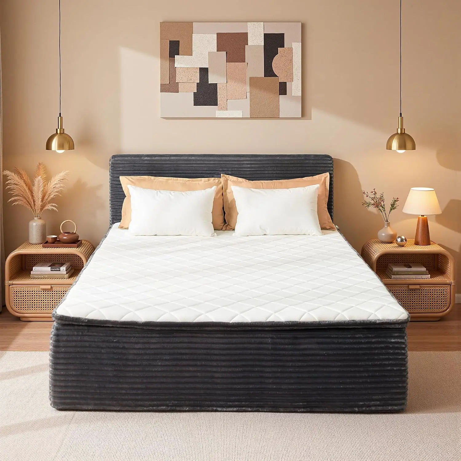 Queen Boneless Bed Frame With Headboard & 17'' Memory Foam Mattress, Gray, Customized