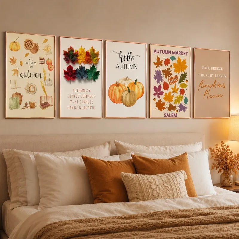 Fall Pumpkin Maple Leaf Canvas Gallery Wall Print Hello Autumn Typography Wall Art Farmhouse Thanksgiving Home Decor Gift Poster