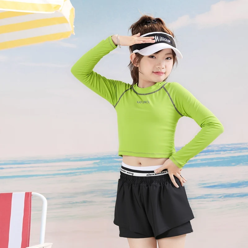 

Girls Swimsuits Kids Long Sleeves Top+Shorts Bottom Child Swimming Suit Younger Bathing Wear Little Child Swimming Set 4-14 Year
