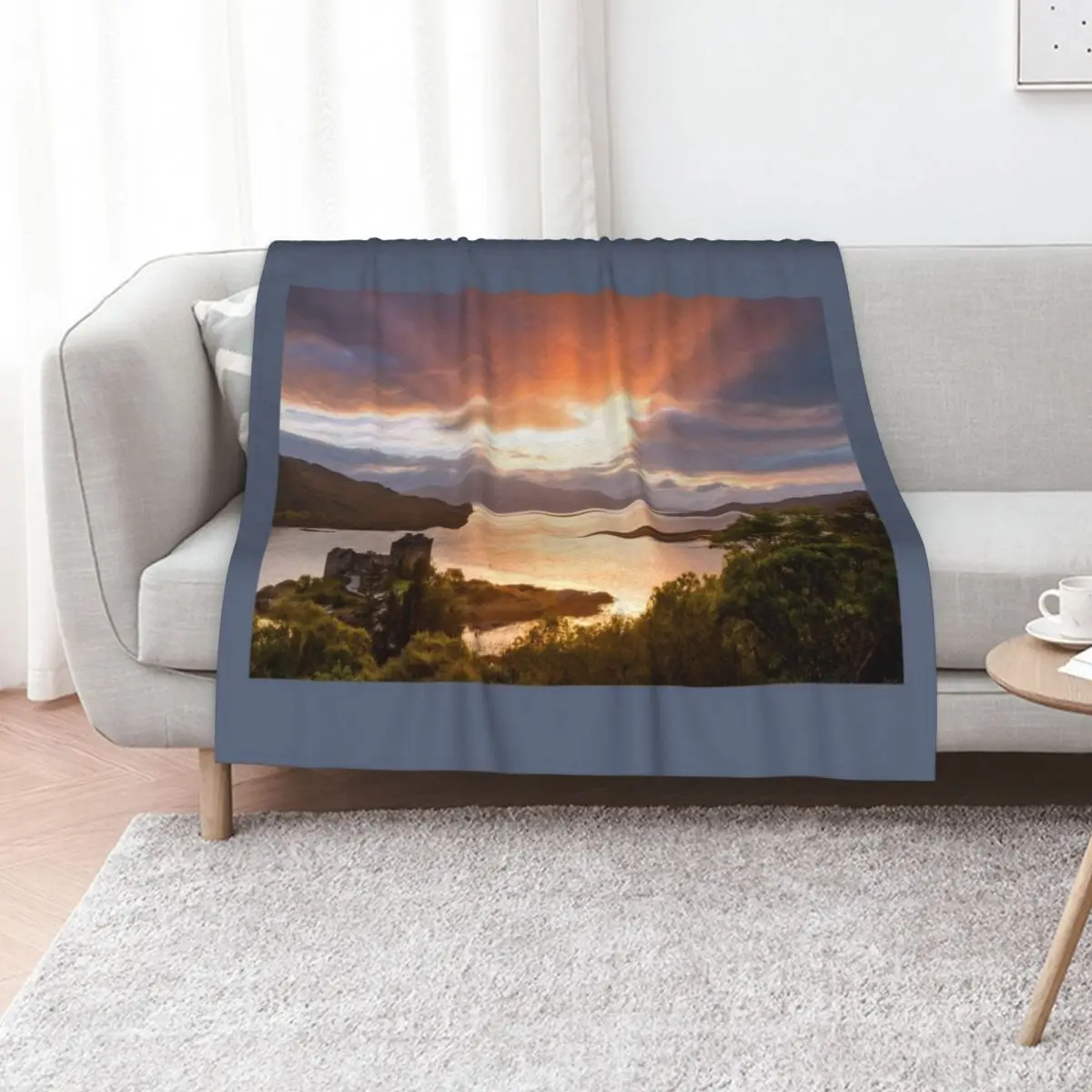 Eilean Donan Castle Sunset Sunbeams Carr Brae Scotland. Throw Blanket Sofa for sofa Decoratives Picnic Summer Blankets