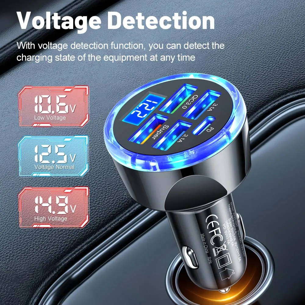 Ładowarka samochodowa 4usb PD 250W typu C Szybkie ładowanie Automatyczny adapter do telefonu komórkowego dla iPhone Samsung Huawei Xiaomi QC 3.0 — zdjęcie 4