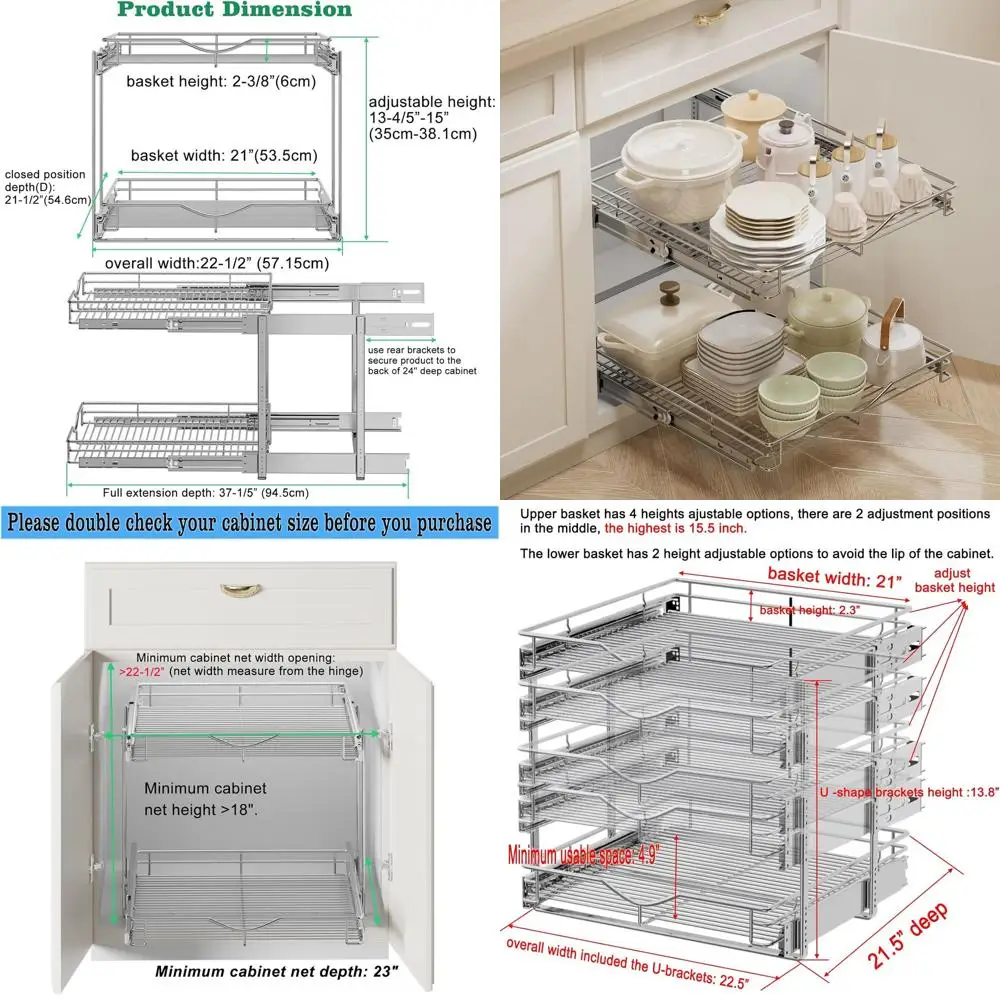 

Двухуровневый выдвижной органайзер для шкафа с проволочными корзинами для хранения кастрюль и сковородок