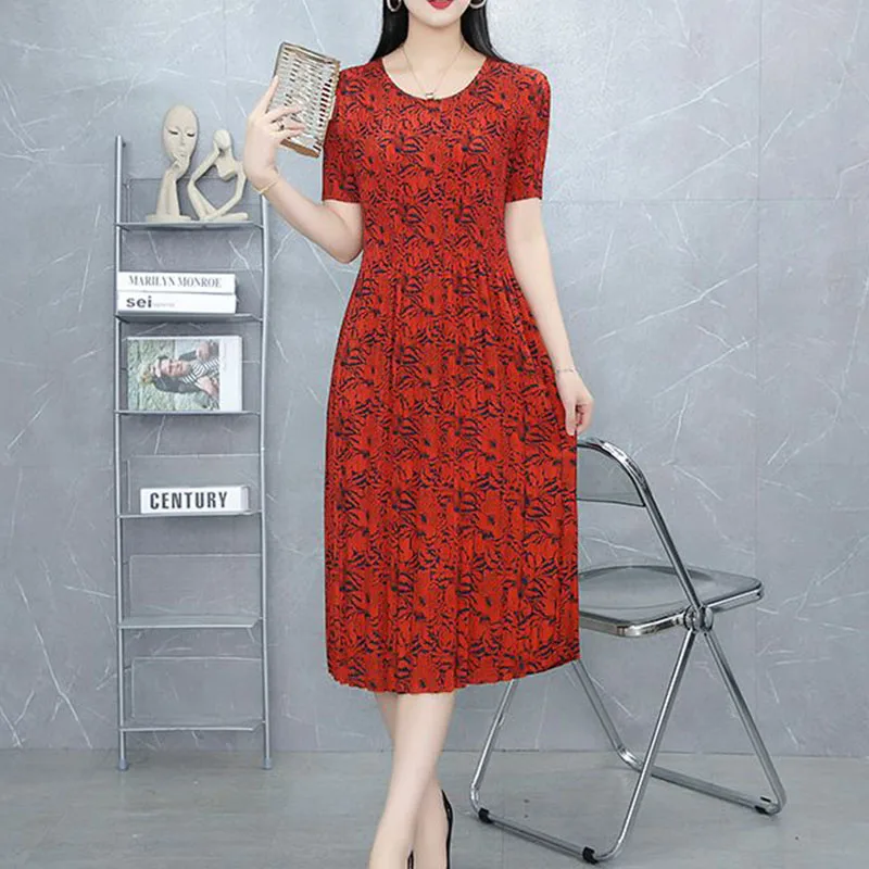 

Women's Vintage Floral Print Midi Dress Short Sleeve Crew Neck Casual Loose Fit Summer Party Dress