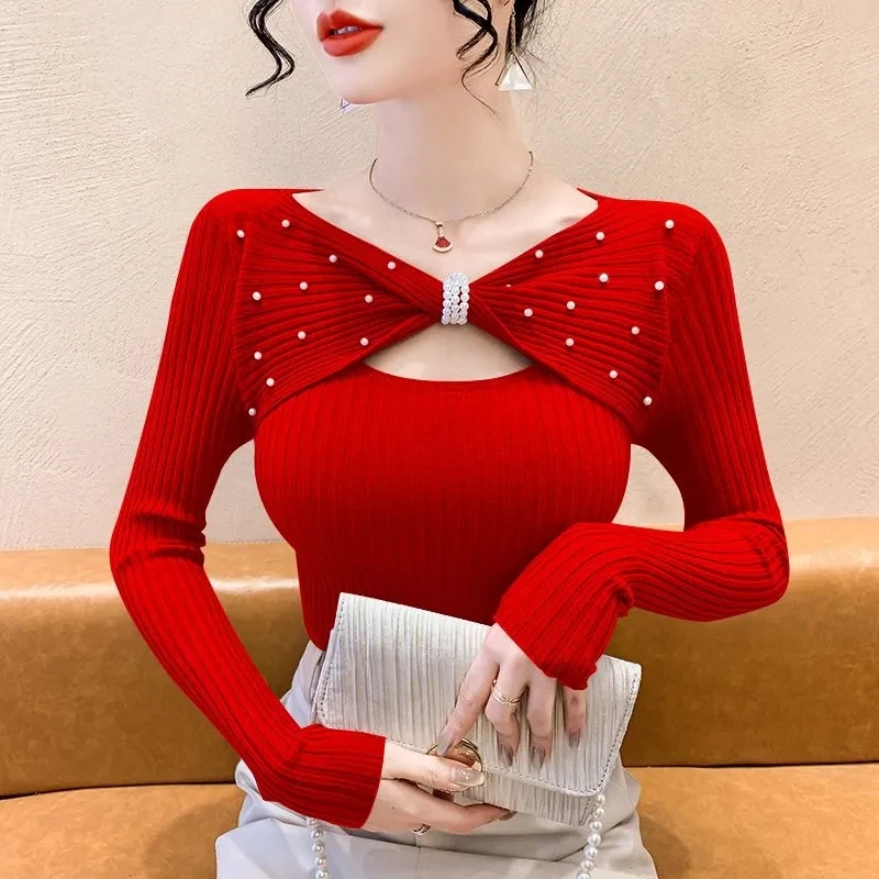 2024 New Fall Winter Knitted Sweater Chic Sexy Patchwork Hollow Out Shiny Diamonds Women Long Sleeve Pullovers Drill Tops