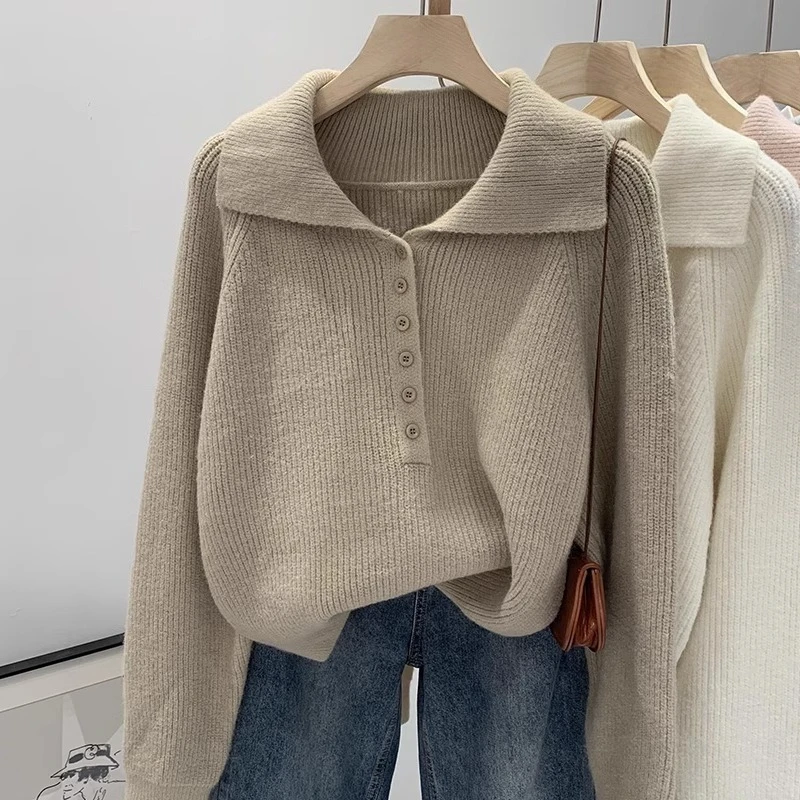 

Fashion Turn Down Collar Knitted Sweaters Women Korean Buttons Loose Ribbed Pullovers Autumn Winter Solid Niche Streetwear Tops